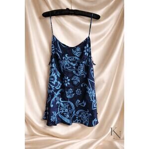 Victoria’s Secret 100% Silk Navy Blue Print Chemise • Side Tie • L • Vintage